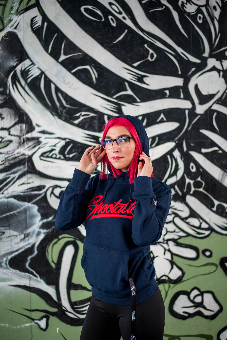 Hoodie Woman, blue & red stitched
